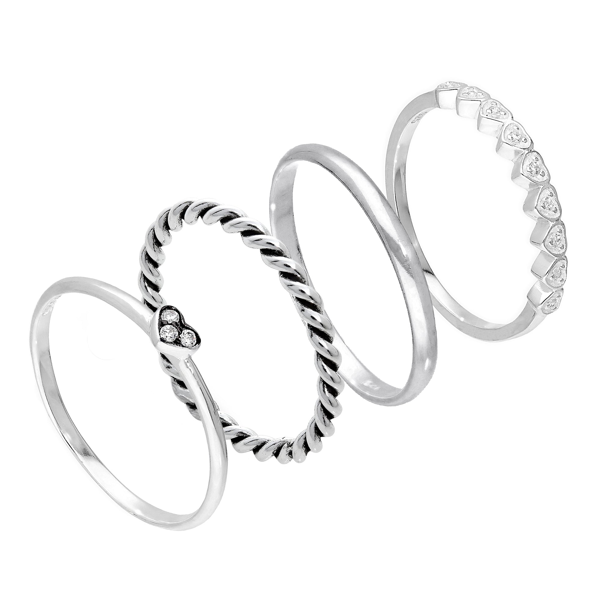 Sterlingsilber CZ Love Hearts verdrehte schlichte Stapelringe im Set