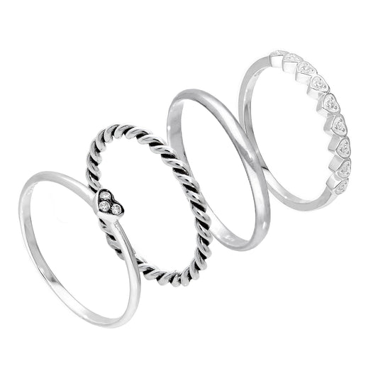 Sterling Silber CZ Love Hearts verdrehte schlichte Stapelringe im Set