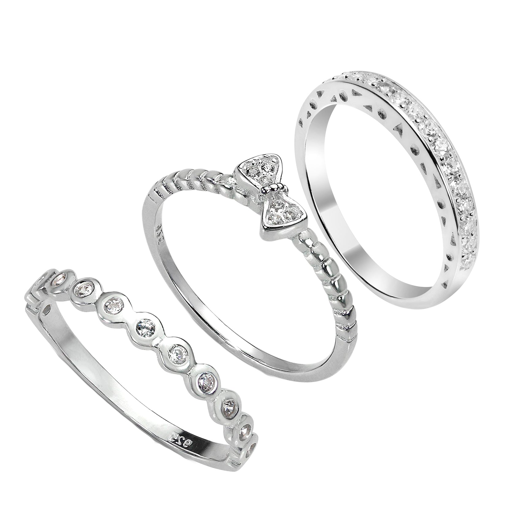 Sterlingsilber CZ-Bogen & Eternity Stapelringe Set