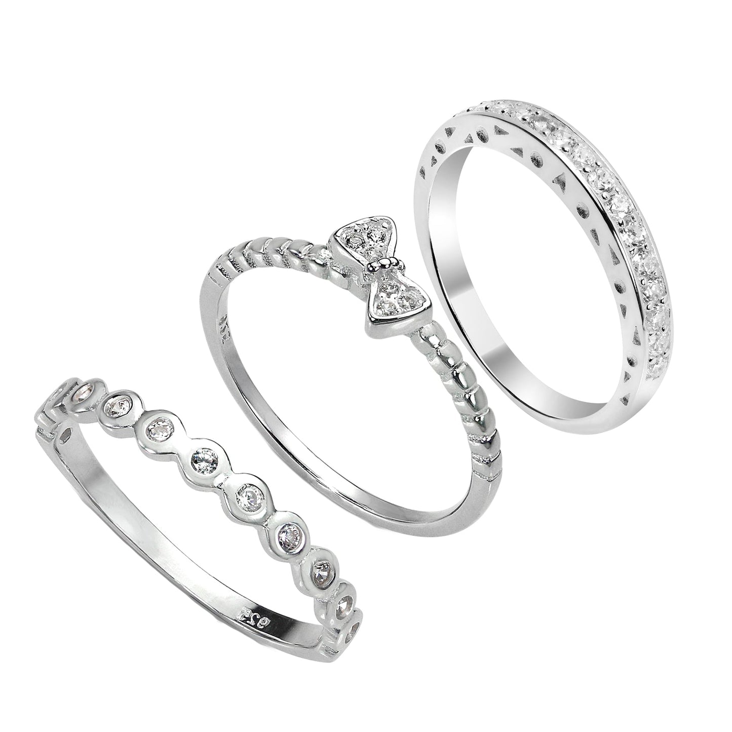 Sterling Silber CZ-Bogen & Eternity Stapelringe Set