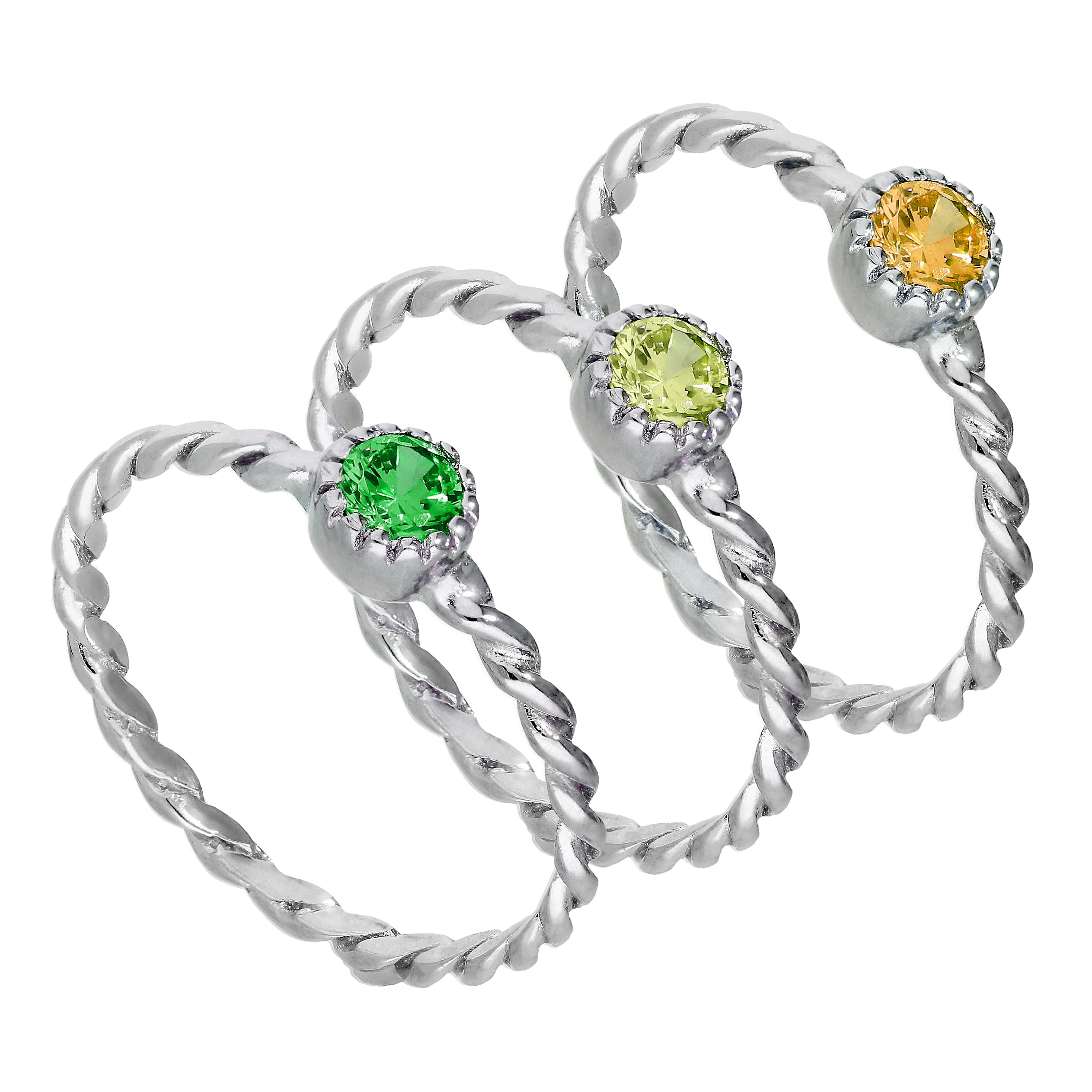 Sterlingsilber grüne verdrehte CZ Stapelringe Set