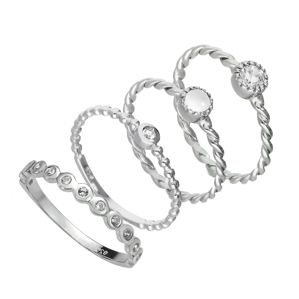 Sterlingsilber klare verdrehte & perlenbesetzte CZ Stapelringe Set
