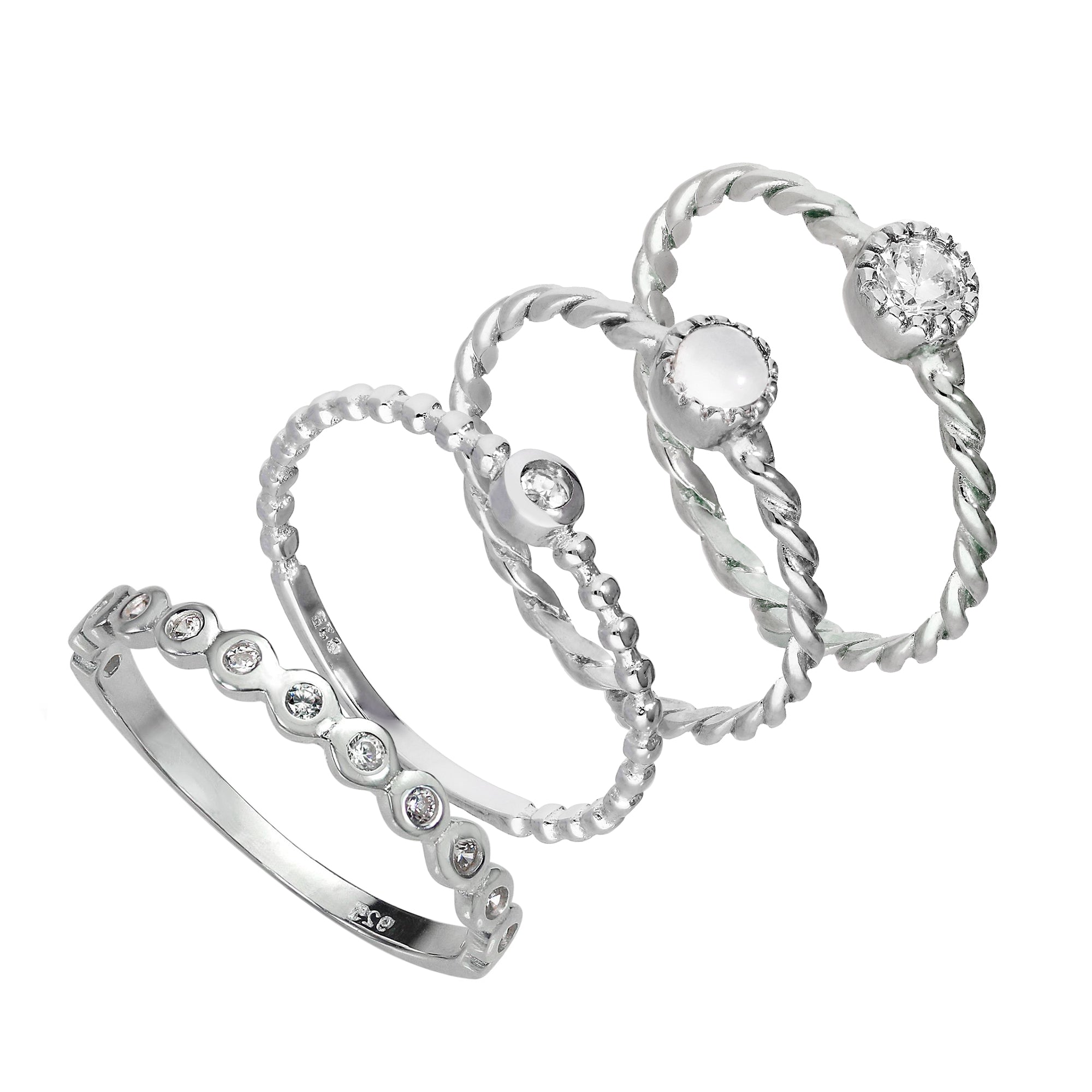 Sterlingsilber klare verdrehte & perlenbesetzte CZ Stapelringe Set