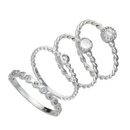 Sterling Silber klare verdrehte & perlenbesetzte CZ Stapelringe Set