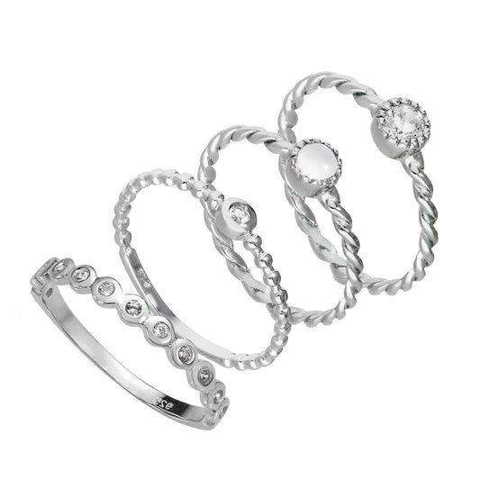 Sterling Silber klare verdrehte & perlenbesetzte CZ Stapelringe Set