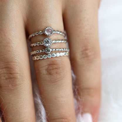 Sterling Silber klare verdrehte & perlenbesetzte CZ Stapelringe Set