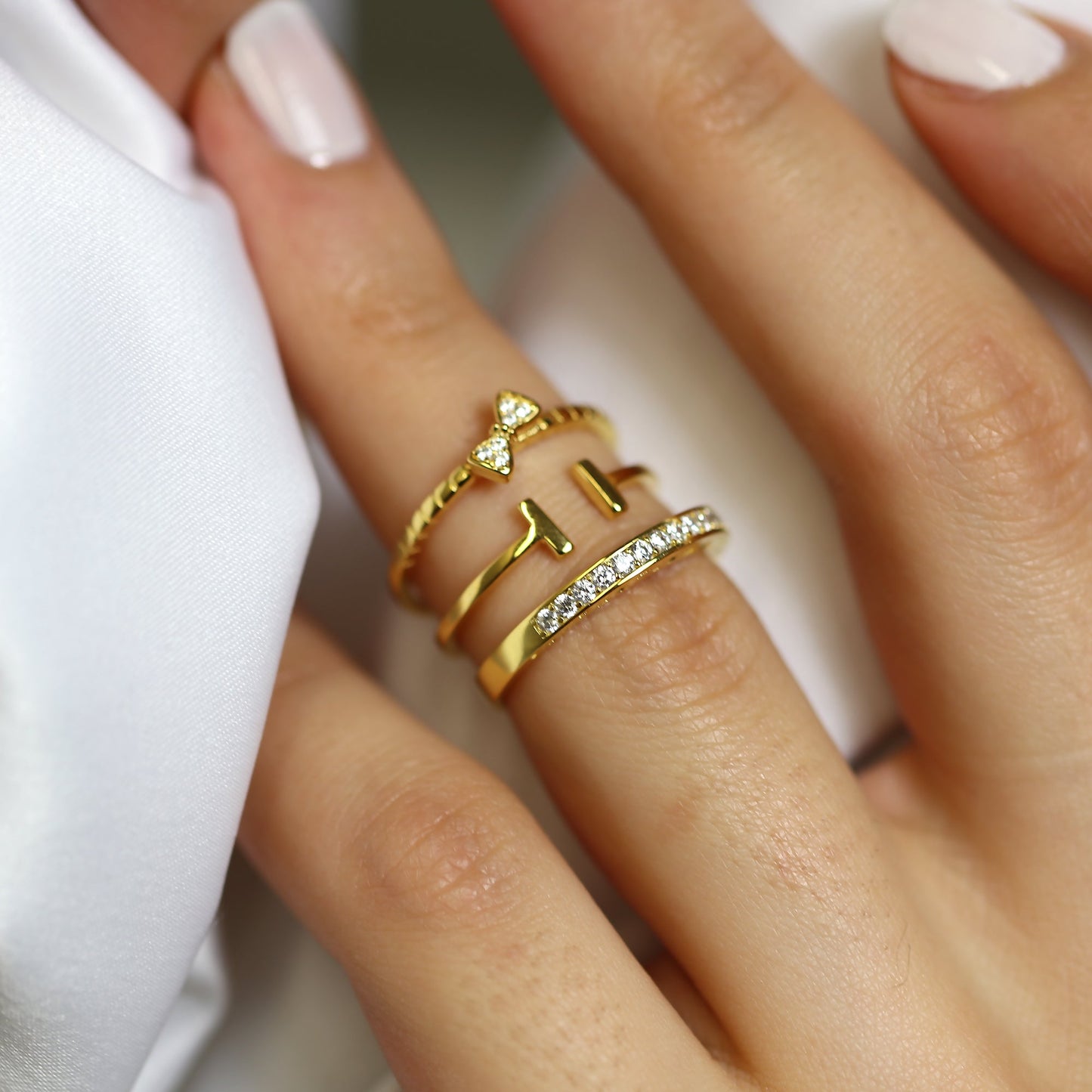 Gold Plated Sterling Silver Bar & CZ Eternity Stacking Ring Set