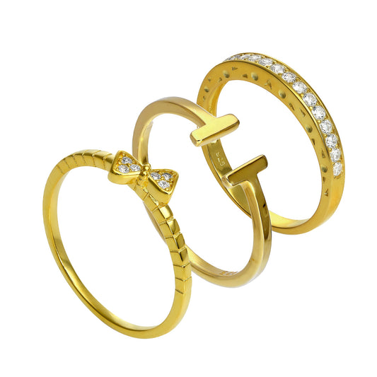 Vergoldetes Sterlingsilber Bar & CZ Eternity Stapelring Set