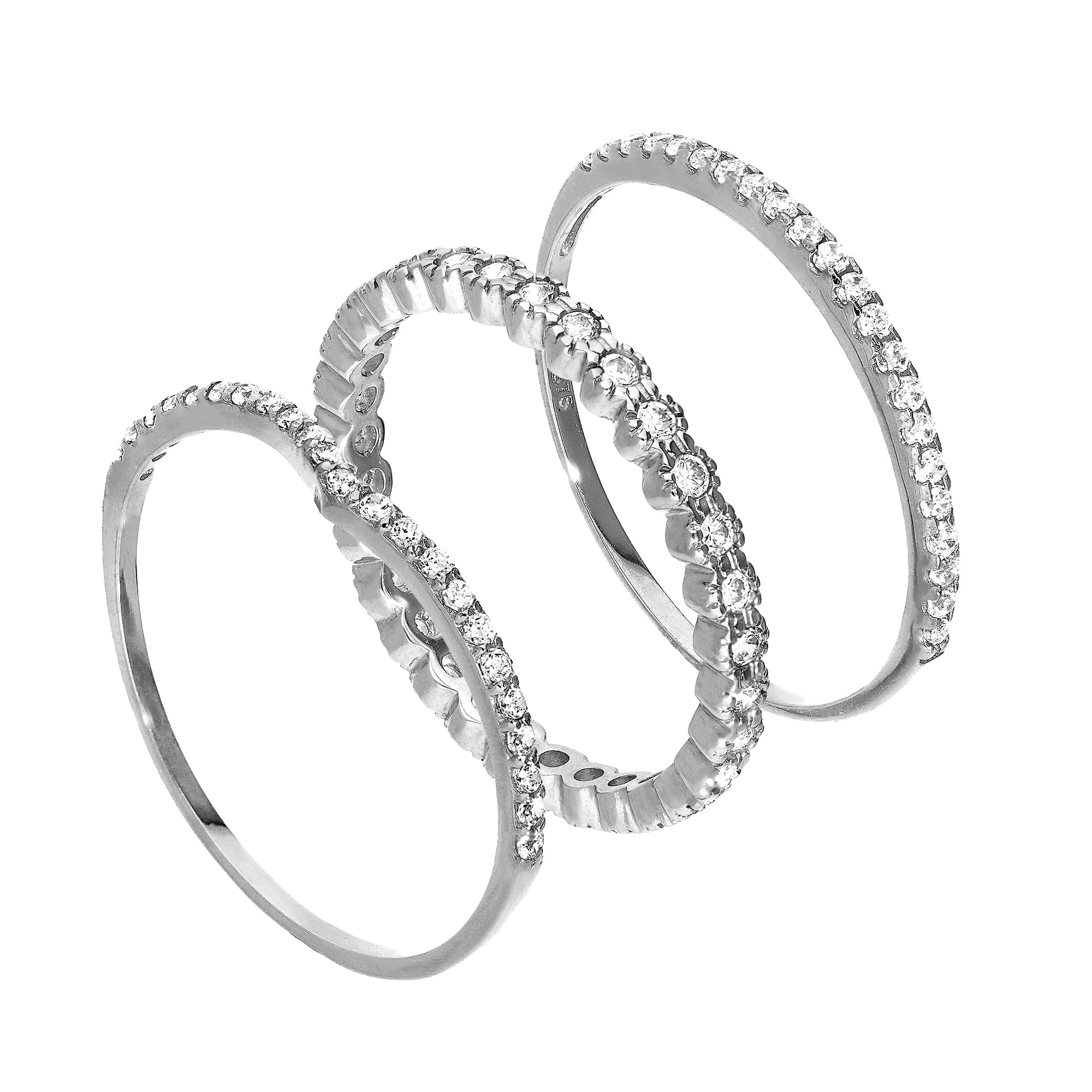 9 Karat Weißgold Wishbone & Eternity CZ Sparkle Stapelringe Set
