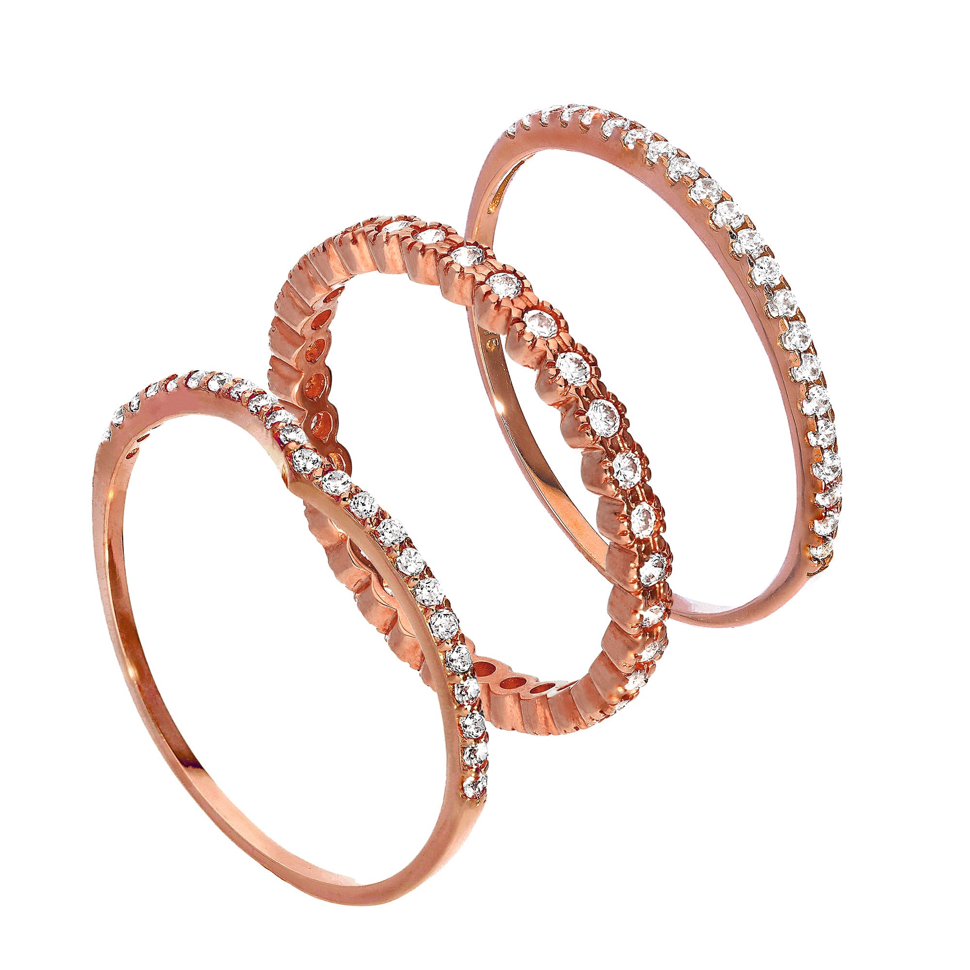 9 Karat Roségold Wishbone & Eternity CZ Sparkle Stapelringe Set
