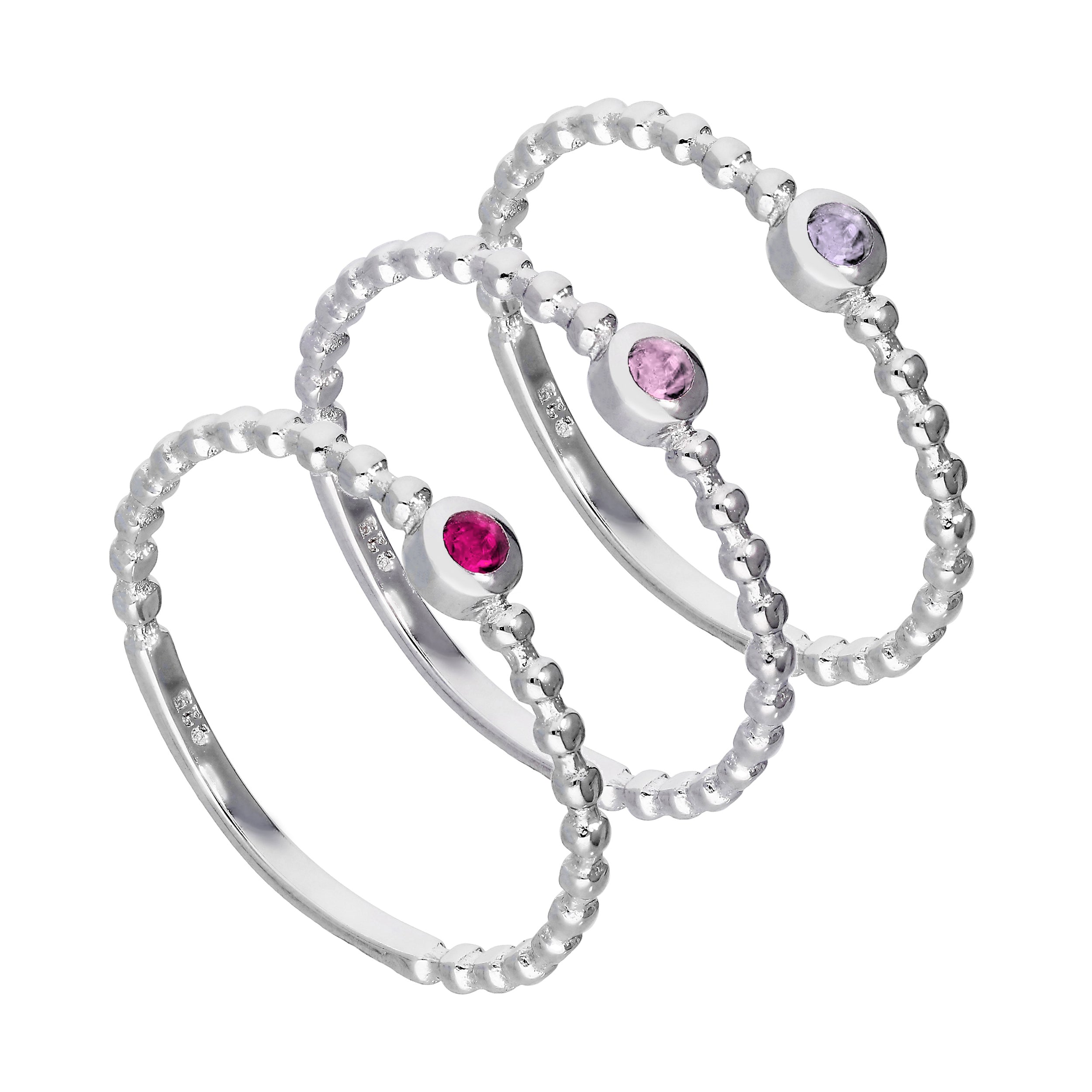 Sterlingsilber Pink Beaded CZ Stapelringe Set