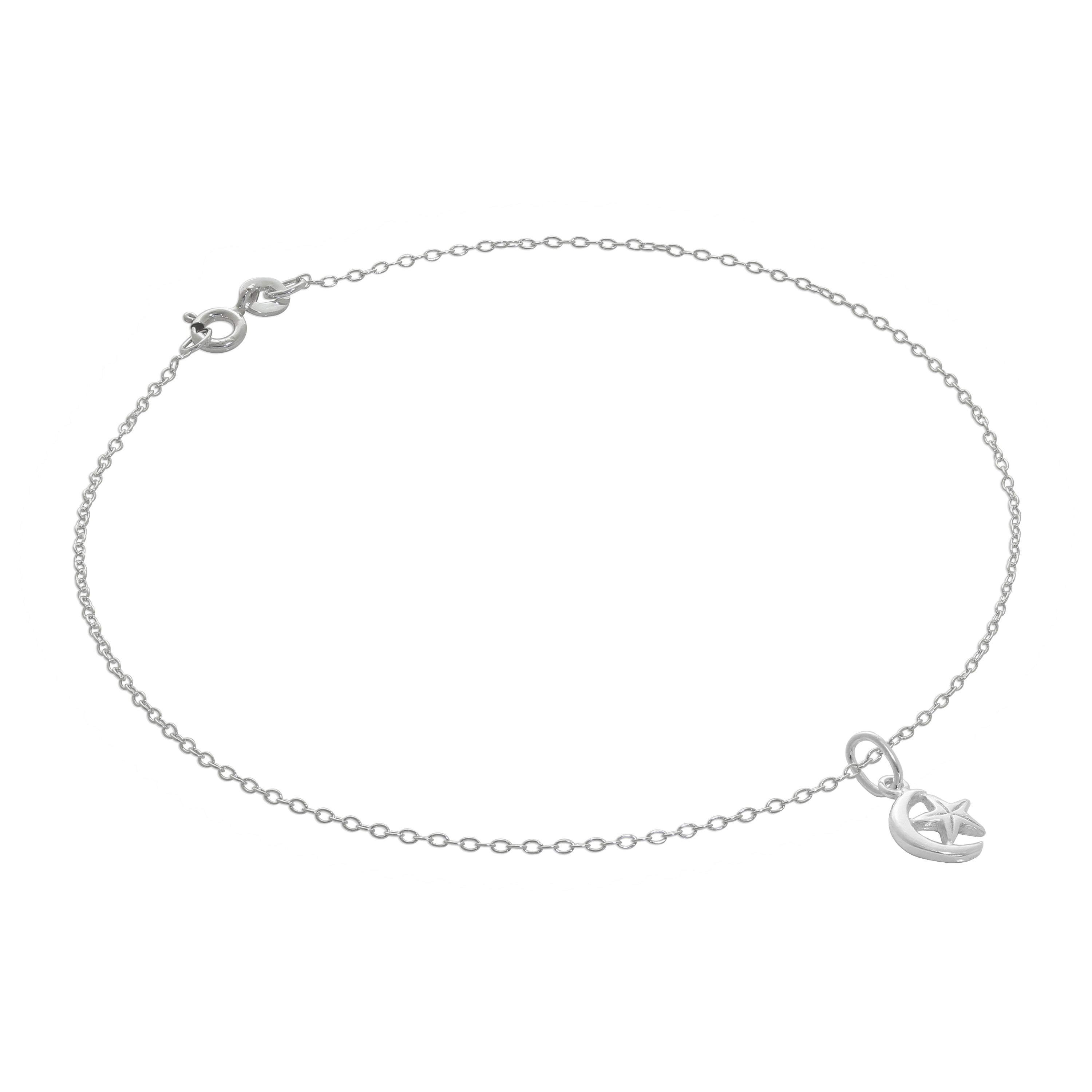 Fein Sterlingsilber Belcher Fußkette mit Winzig Mond und Stern Anhänger - 25,5 cm