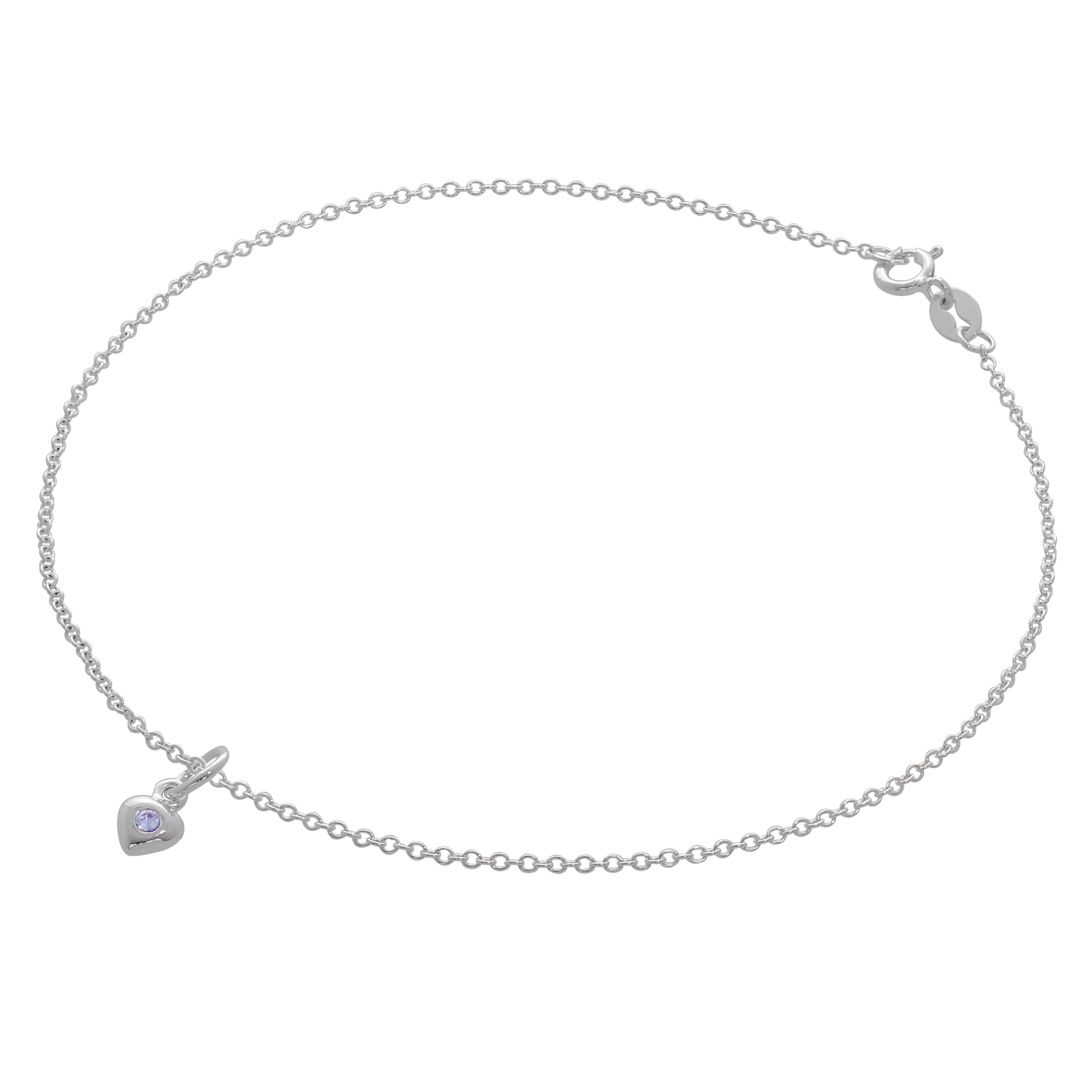 Feines Sterlingsilber Belcher Fußkettchen mit CZ Kristall Geburtsstein Herz Charme - 10 Zoll