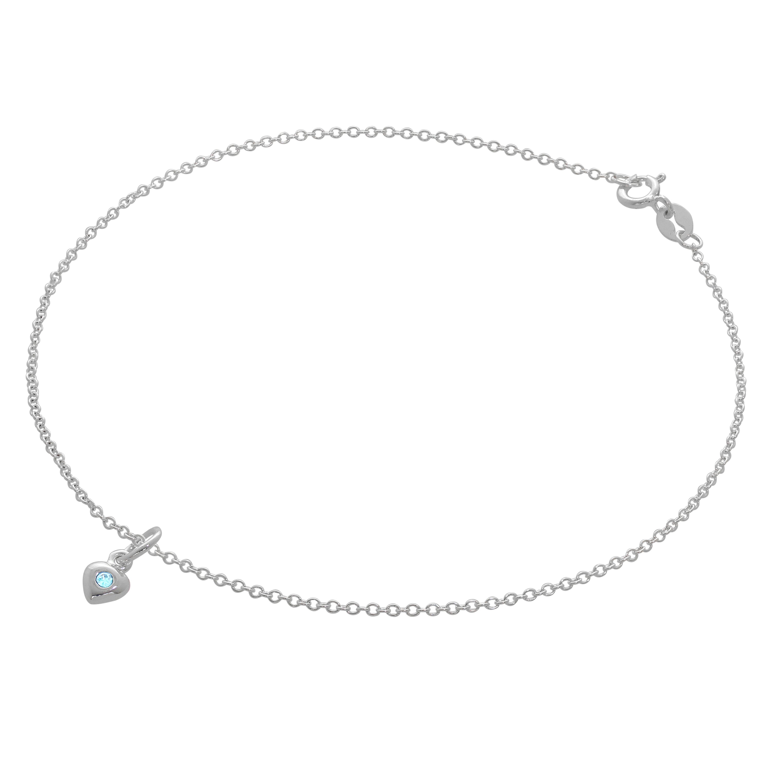 Feines Sterlingsilber Belcher Fußkettchen mit CZ Kristall Geburtsstein Herz Charme - 10 Zoll