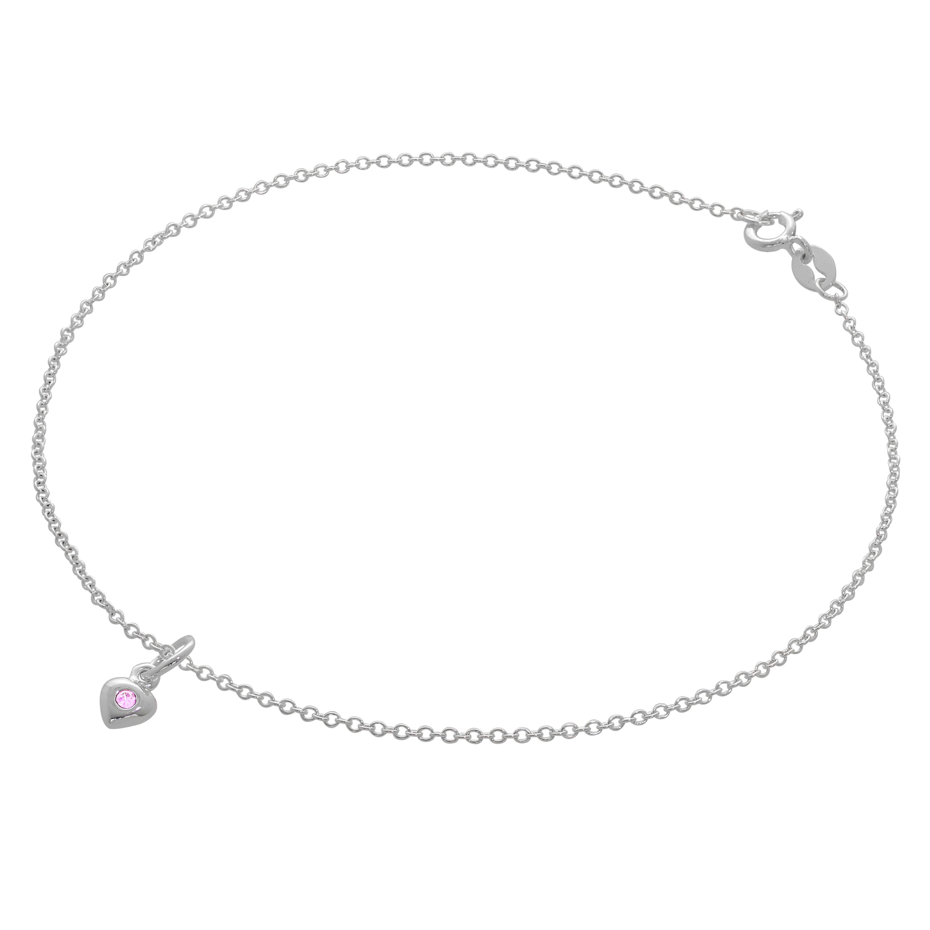 Feines Sterlingsilber Belcher Fußkettchen mit CZ Kristall Geburtsstein Herz Charme - 10 Zoll