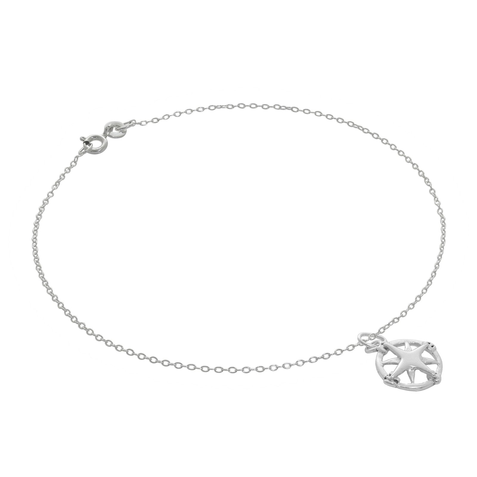 Fine Sterling Silver Belcher Anklet with Compass Charm - 10 Inches - jewellerybox