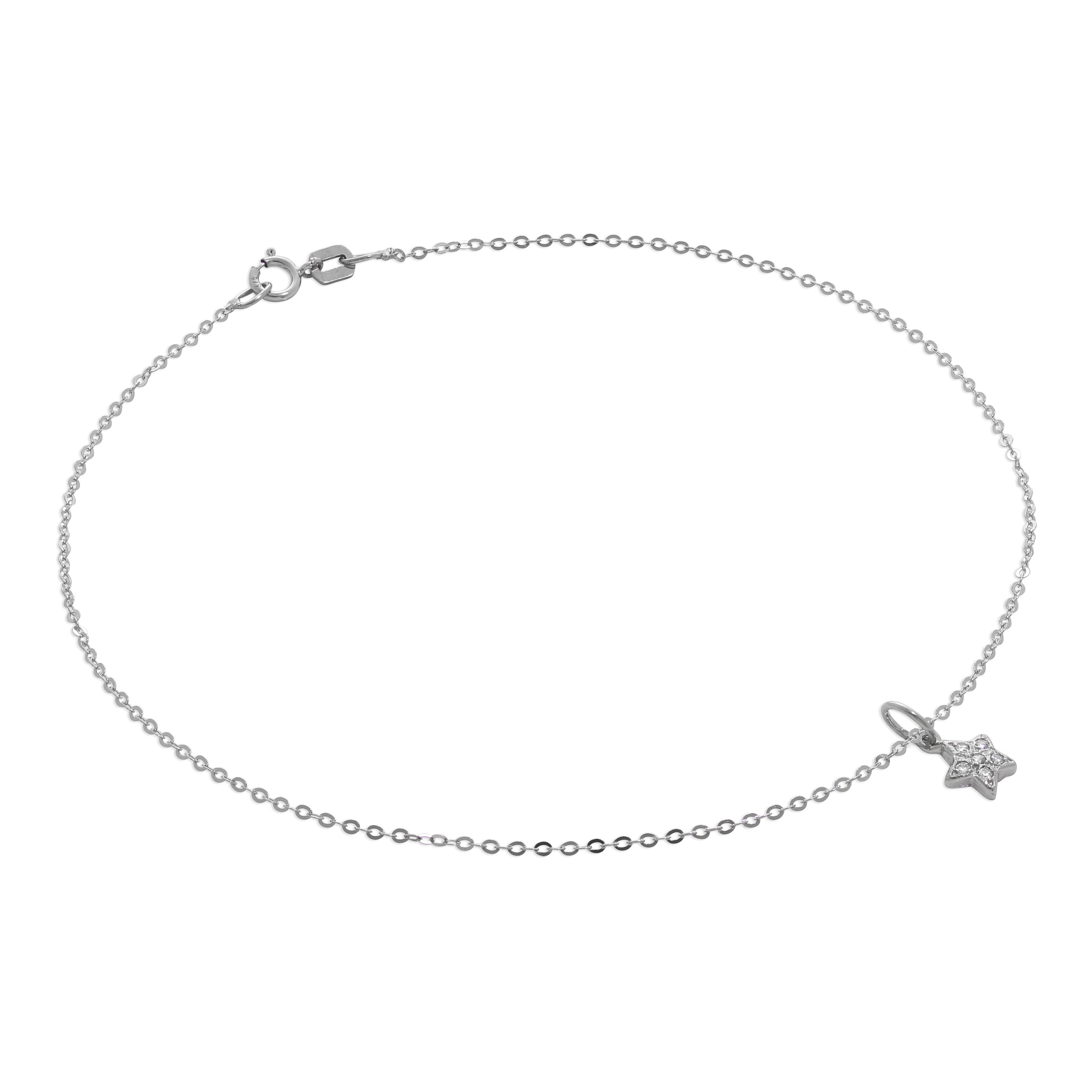 9 Karat Weißgold Gehämmert Spuren Fußkette mit CZ Stern Anhänger - 24 cm