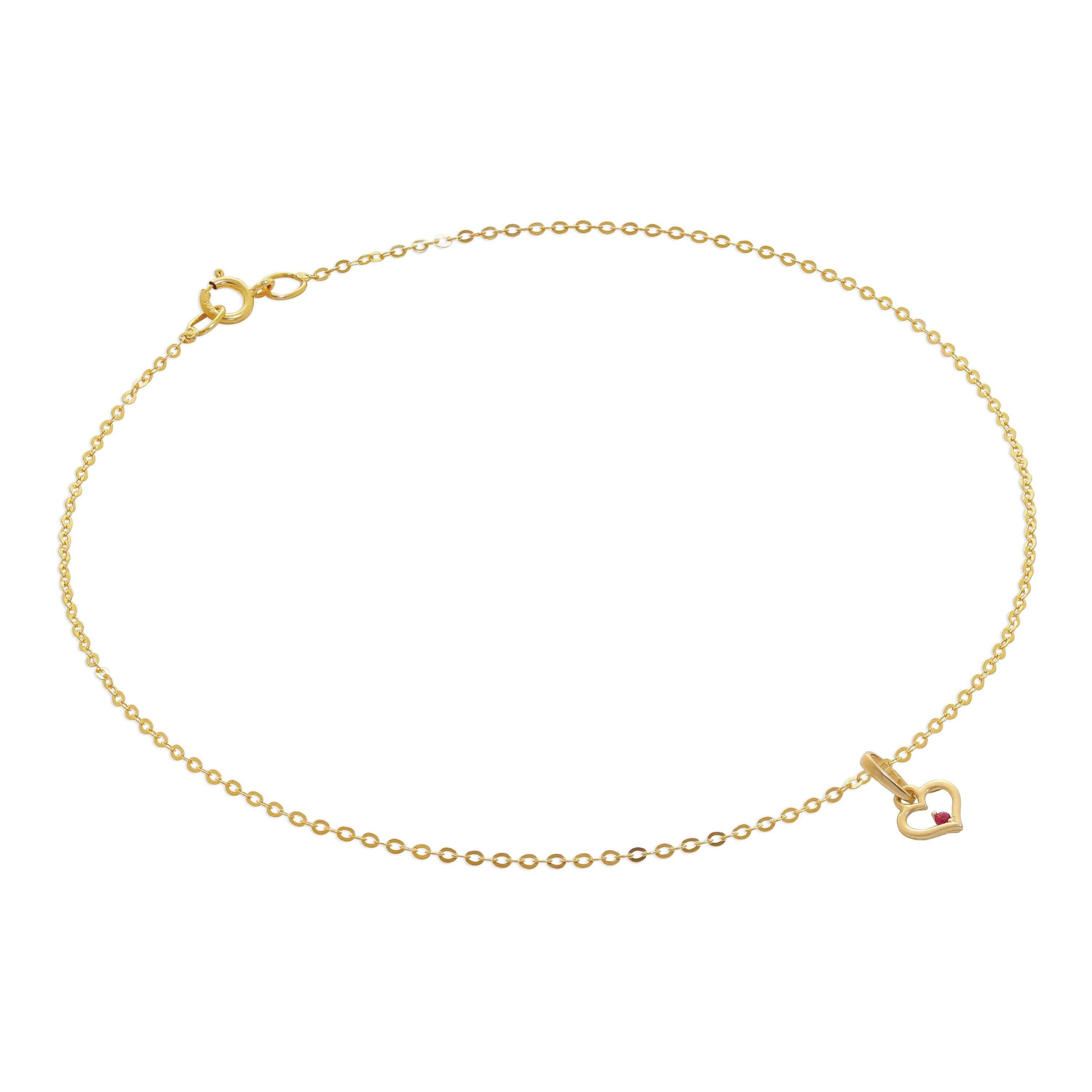 9 Karat Gold Gehämmert Spuren Fußkette mit Rubin CZ Herz Kontur Anhänger - 24 cm
