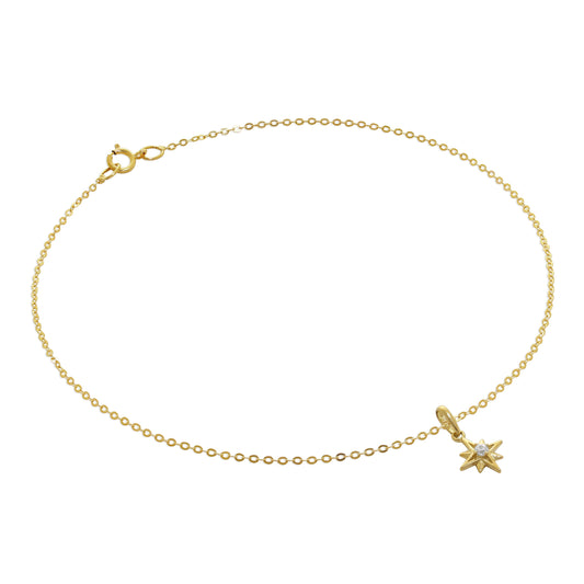 9 Karat Gold Gehämmert Spuren Fußkette mit CZ Leuchtendem Stern Anhänger - 24cm