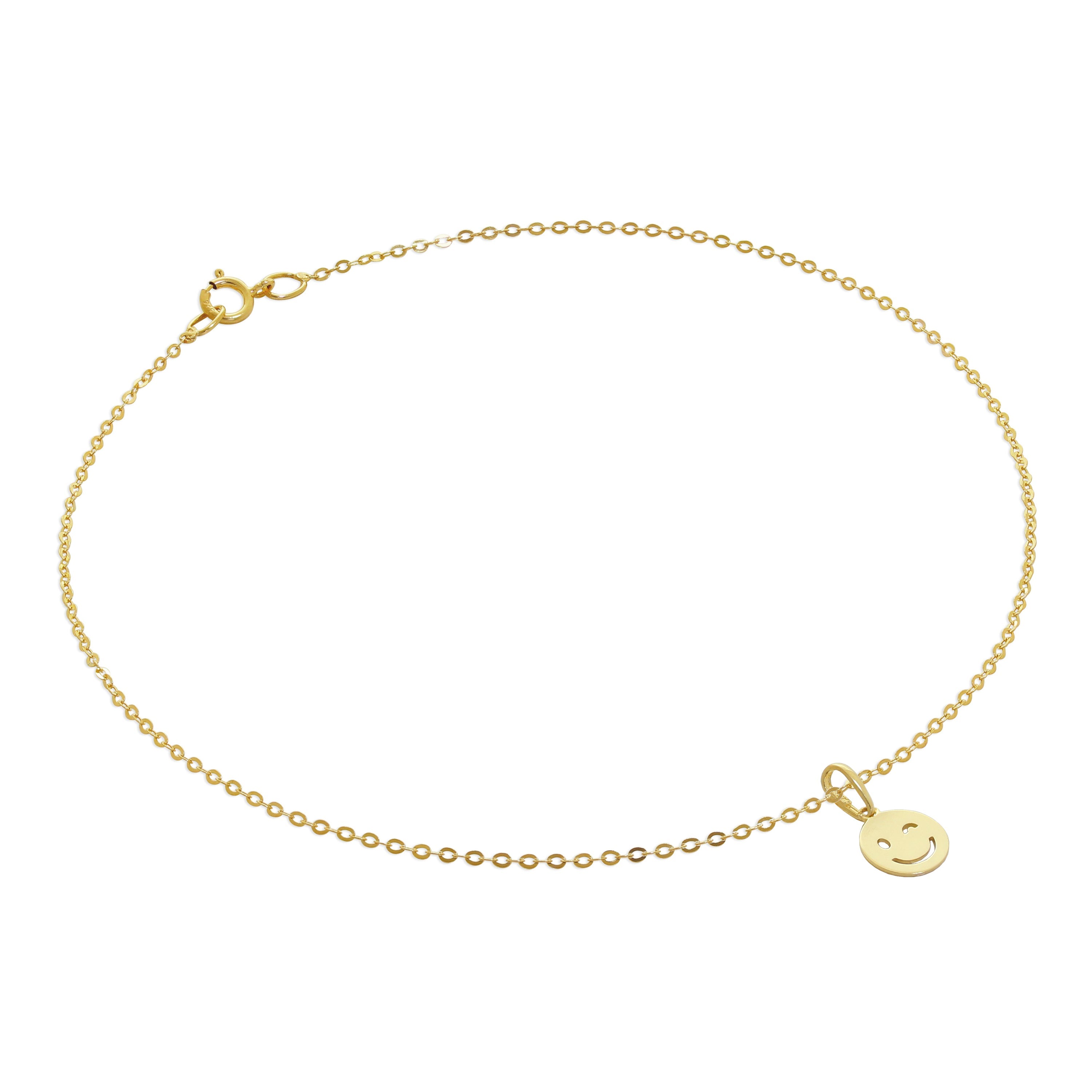 9 Karat Gold Gehämmert Spuren Fußkette mit Augenzwinkerndem Gesicht Emotikon Anhänger - 24 cm