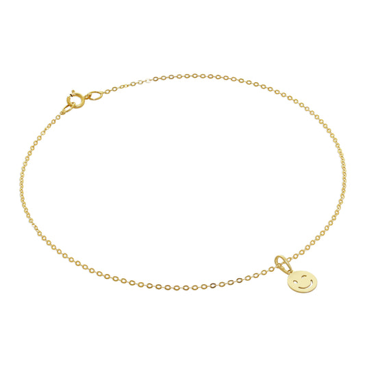 9 Karat Gold Gehämmert Spuren Fußkette mit Augenzwinkerndem Gesicht Emotikon Anhänger - 24cm