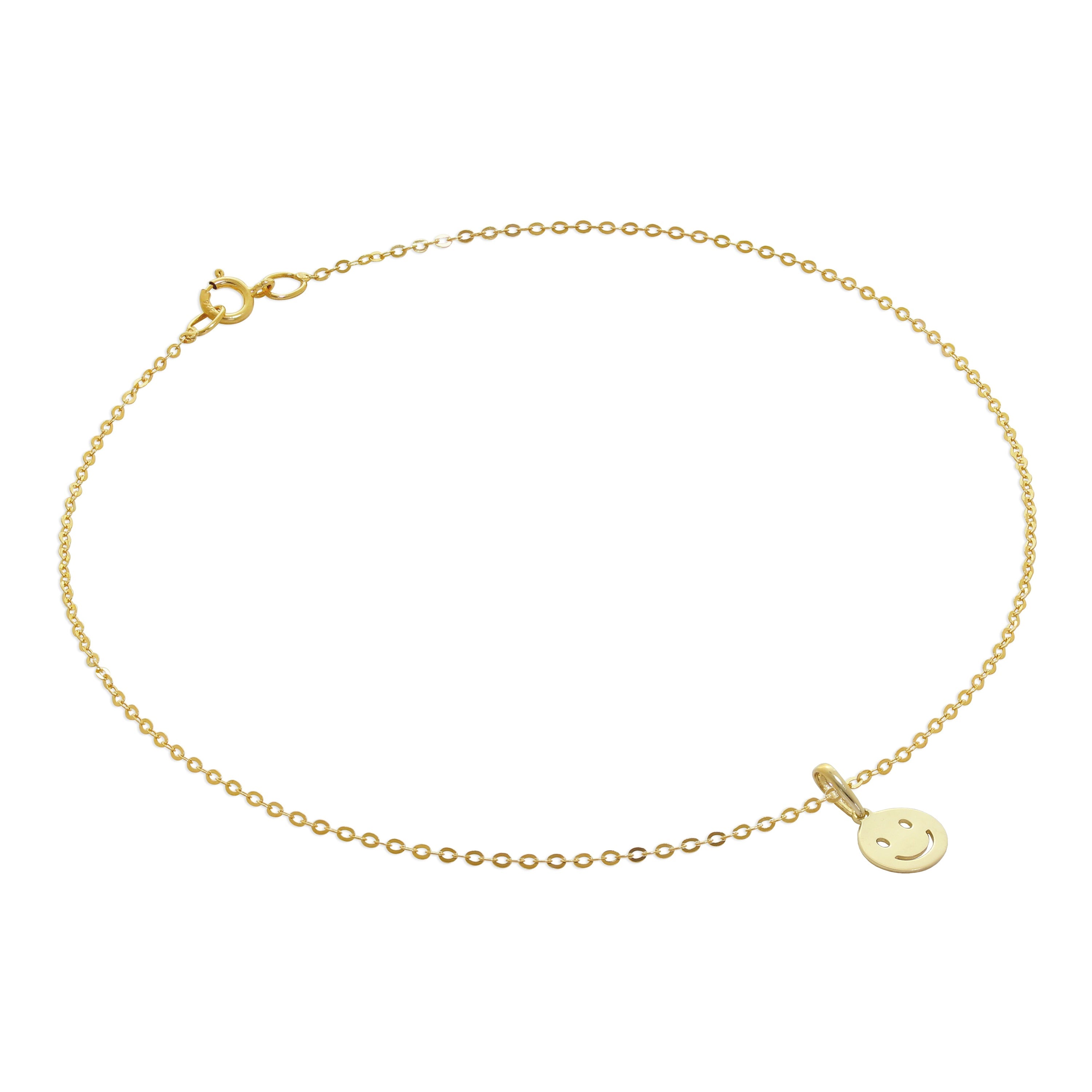 9 Karat Gold Gehämmert Spuren Fußkette mit Lächelndem Gesicht Emotikon Anhänger - 24 cm
