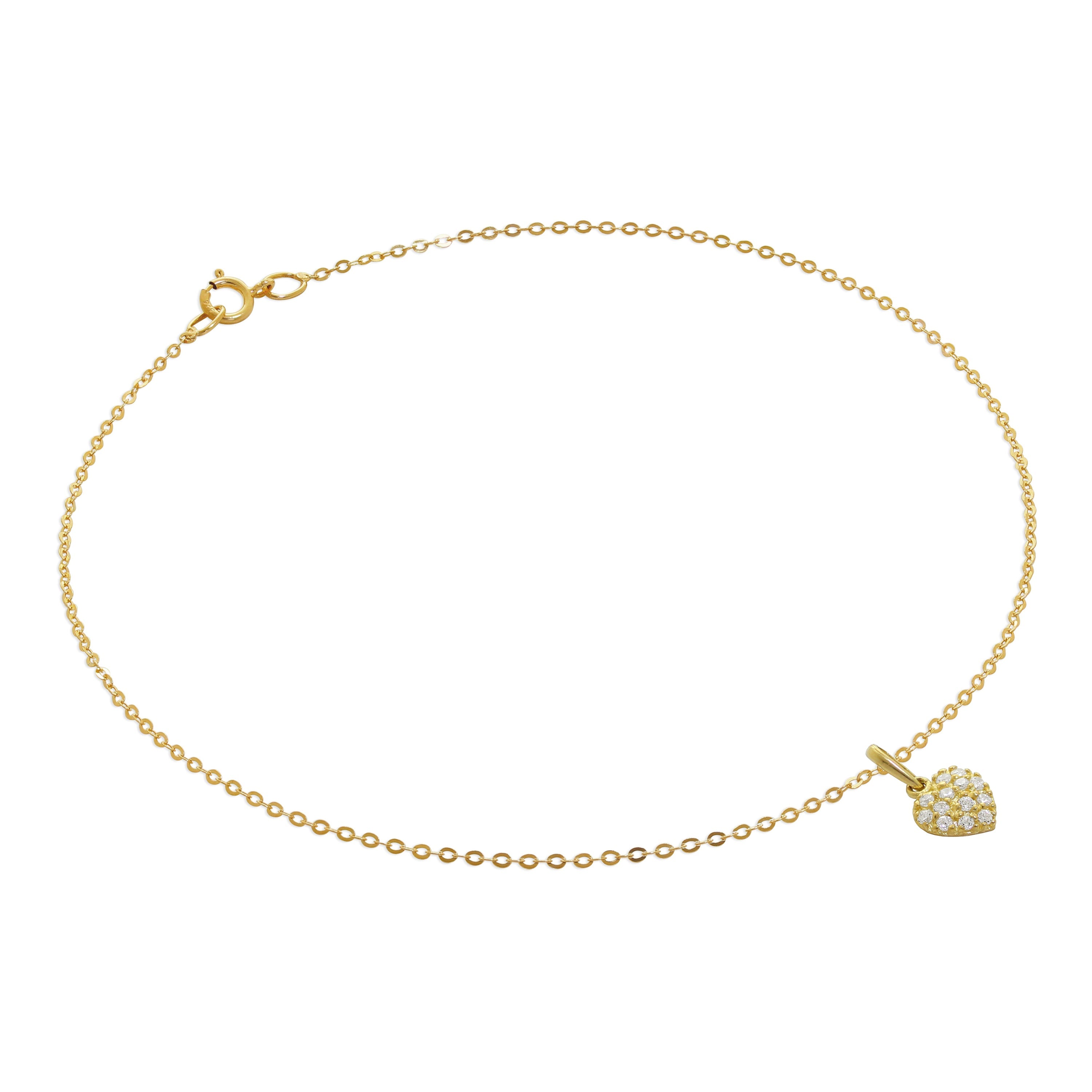 9 Karat Gold Gehämmert Spuren Fußkette mit Flach CZ Herz Anhänger - 24 cm