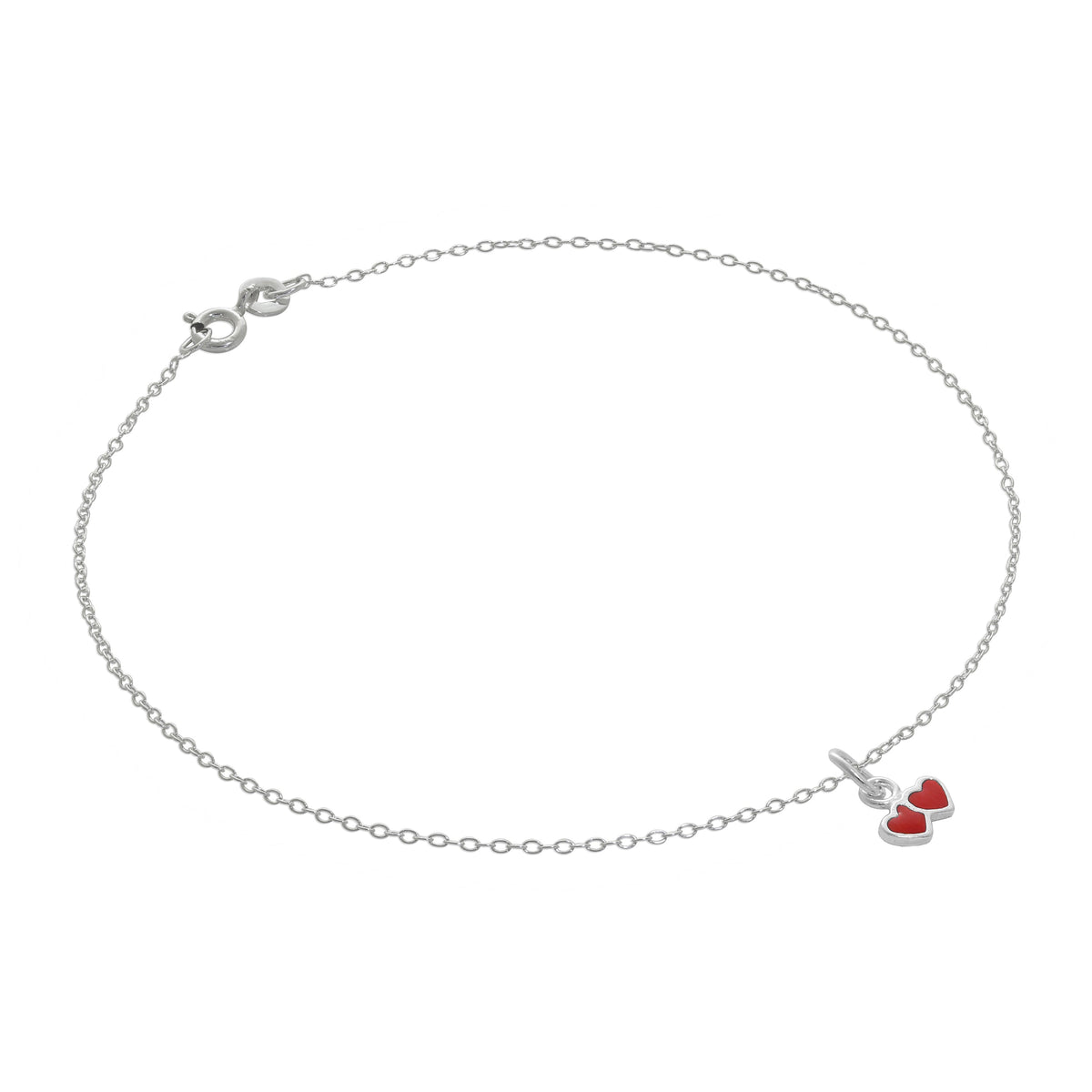 Fein Sterlingsilber Belcher Fußkette mit Winzig Rot Emaille Doppel Herz Anhänger