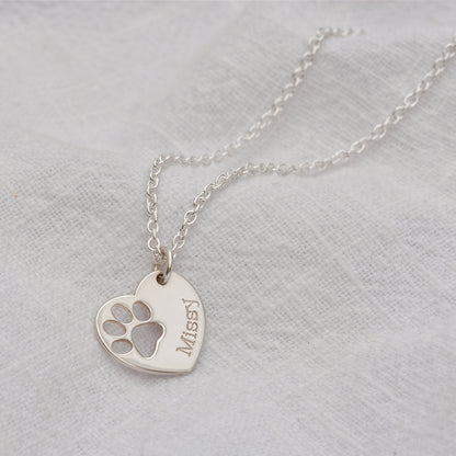 Personalised Sterling Silver Paw Name Heart Necklace