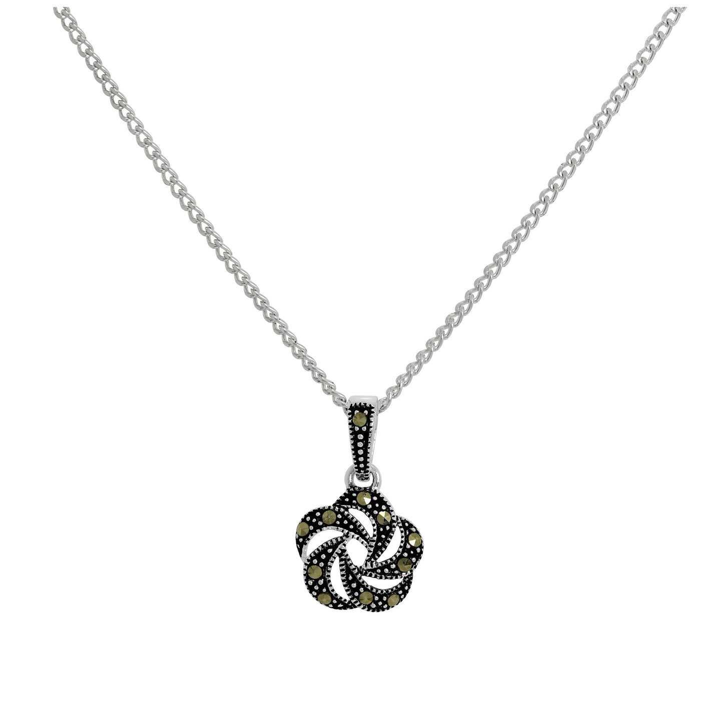 Halskette mit offenem Blumenanhänger aus Sterlingsilber und schwarzem Markasit, 16–24 Zoll