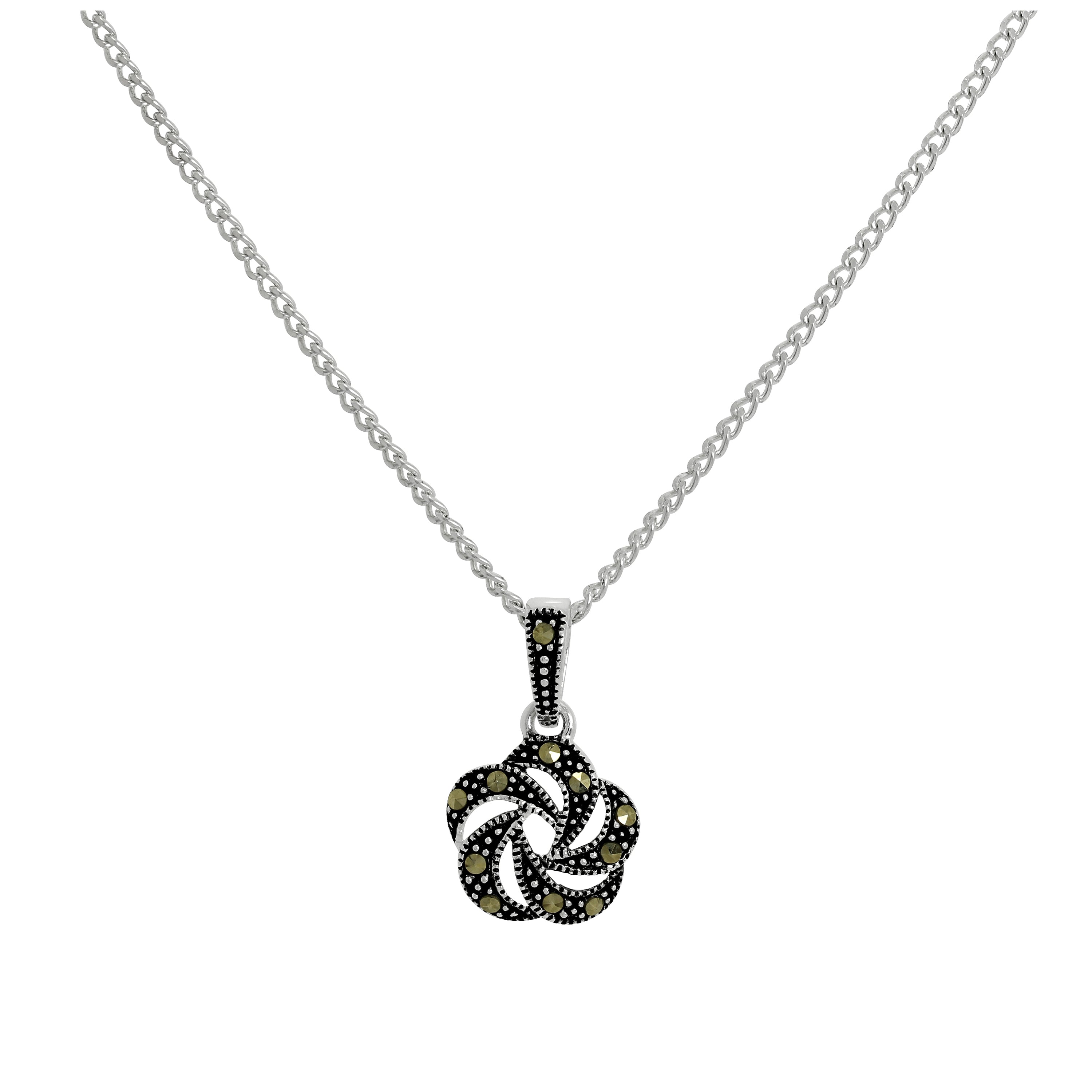 Halskette mit offenem Blumenanhänger aus Sterlingsilber und schwarzem Markasit, 16–24 Zoll