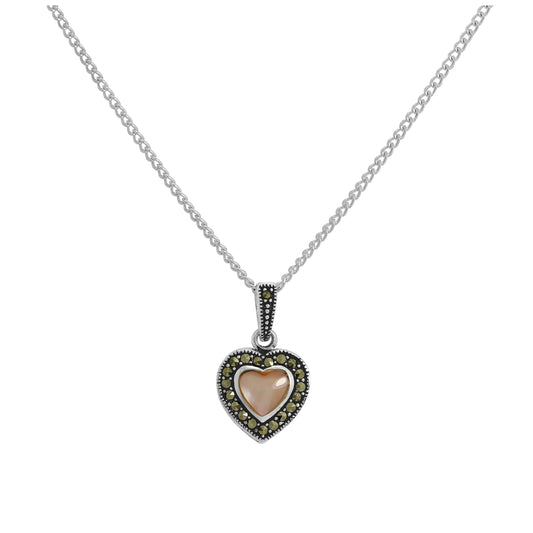 Sterling Silver & Pink Mother of Pearl Heart Pendant with Marcasite on Chain 16 - 24 Inches