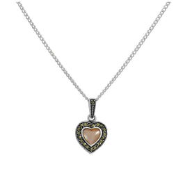 Sterlingsilber & Rosa Perlmutt Herz Anhänger mit Markasit an Kette 40,5 - 61 cm