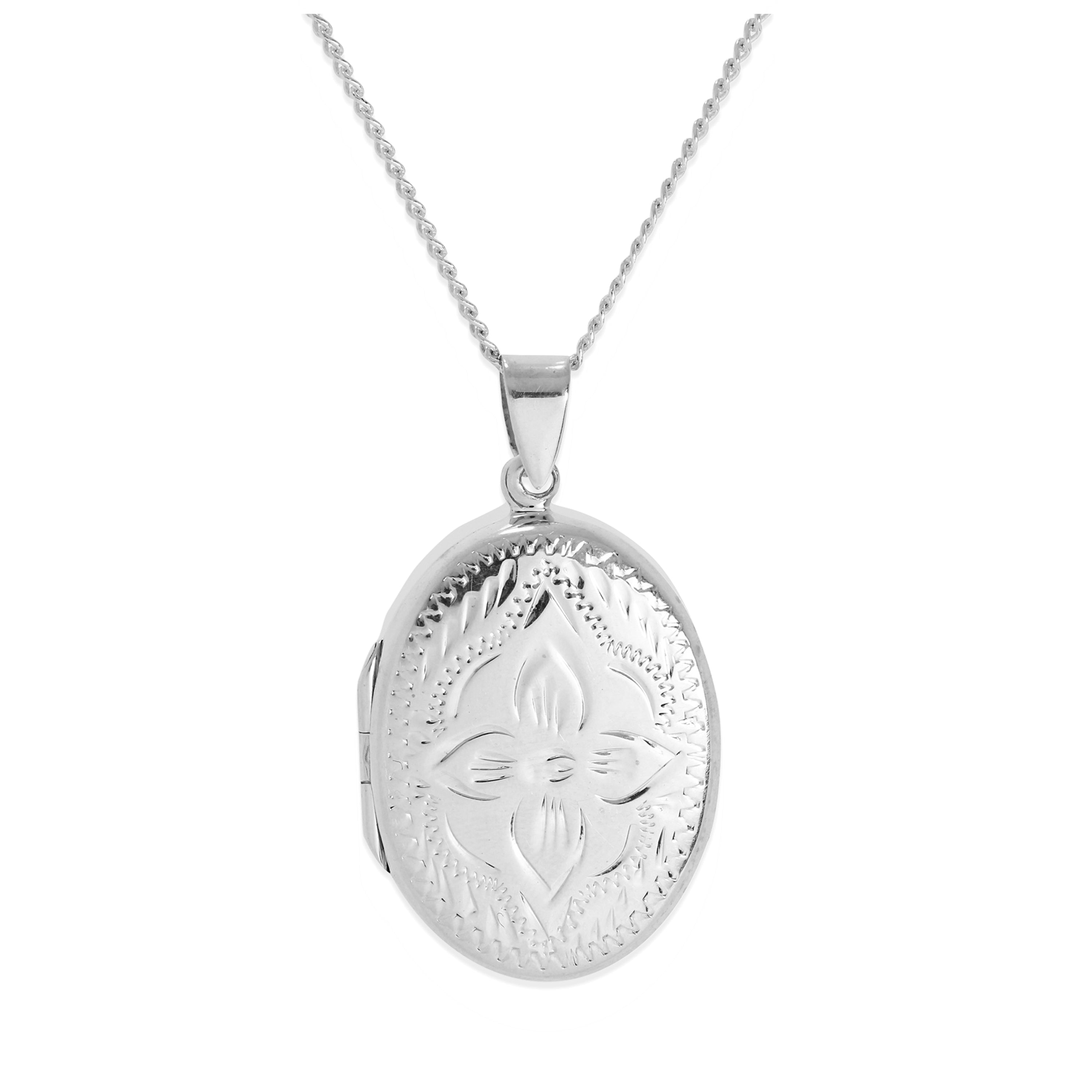 Großes ovales Blumenmedaillon aus Sterlingsilber mit Zickzackrahmen an einer Kette 16–24 Zoll