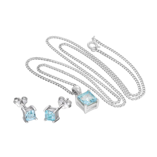 Anhänger aus Sterlingsilber mit quadratischem himmelblauem Topas an einer 16–24 Zoll langen Kette und Ohrstecker-Set