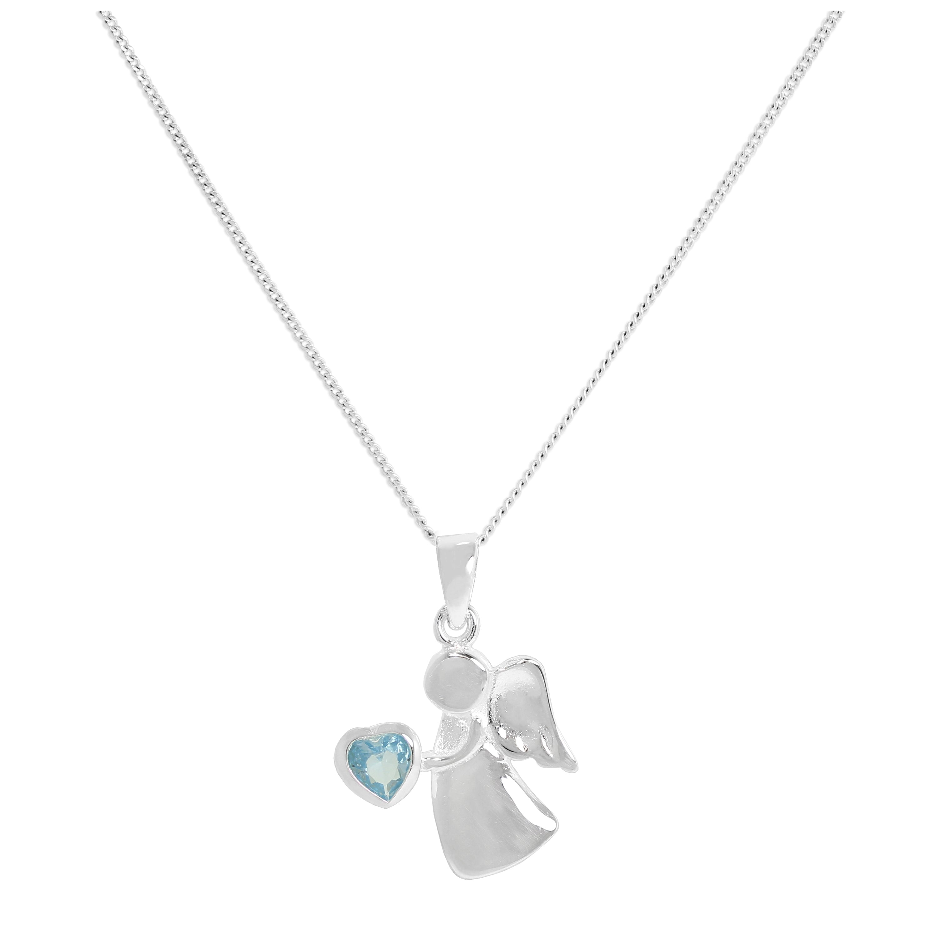 Sterlingsilber & Aquamarin CZ Kristall März Geburtsstein Engel Anhänger Halskette 35,5 - 81 cm