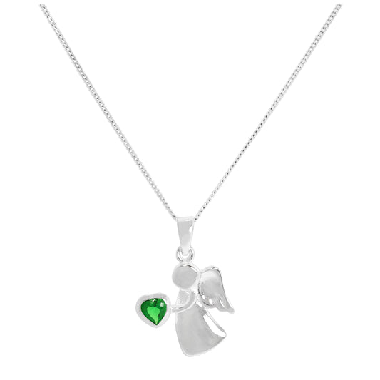 Sterling Silver & Emerald CZ Crystal May Birthstone Angel Pendant Necklace 14 - 32 Inches