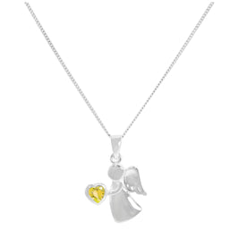 Halskette mit Anhänger aus Sterlingsilber und Citrin-CZ-Kristall, November-Geburtsstein, Engel, 14–32 Zoll