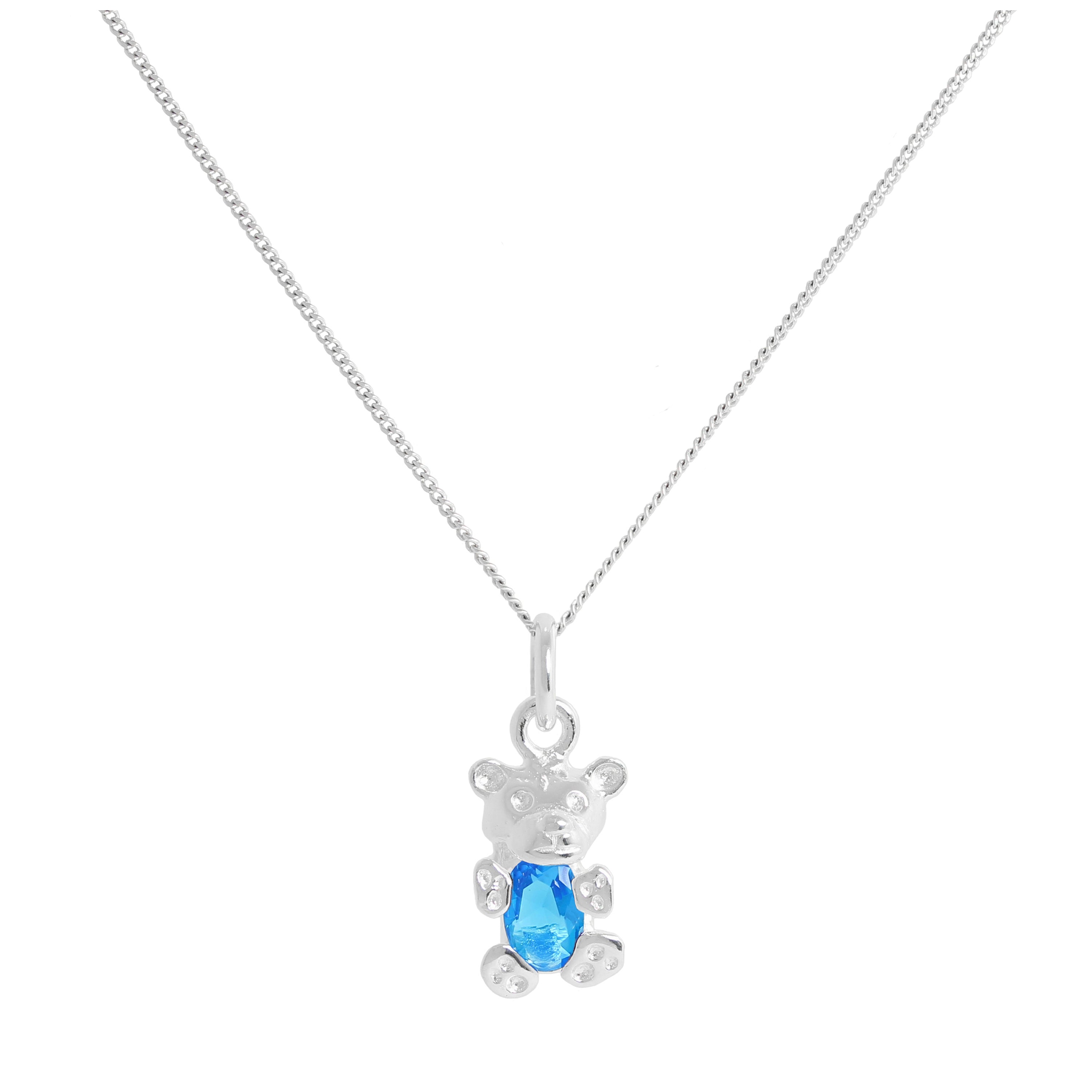 Halskette aus Sterlingsilber mit Aquamarin-CZ-Geburtsstein und Bär, März, 14–32 Zoll