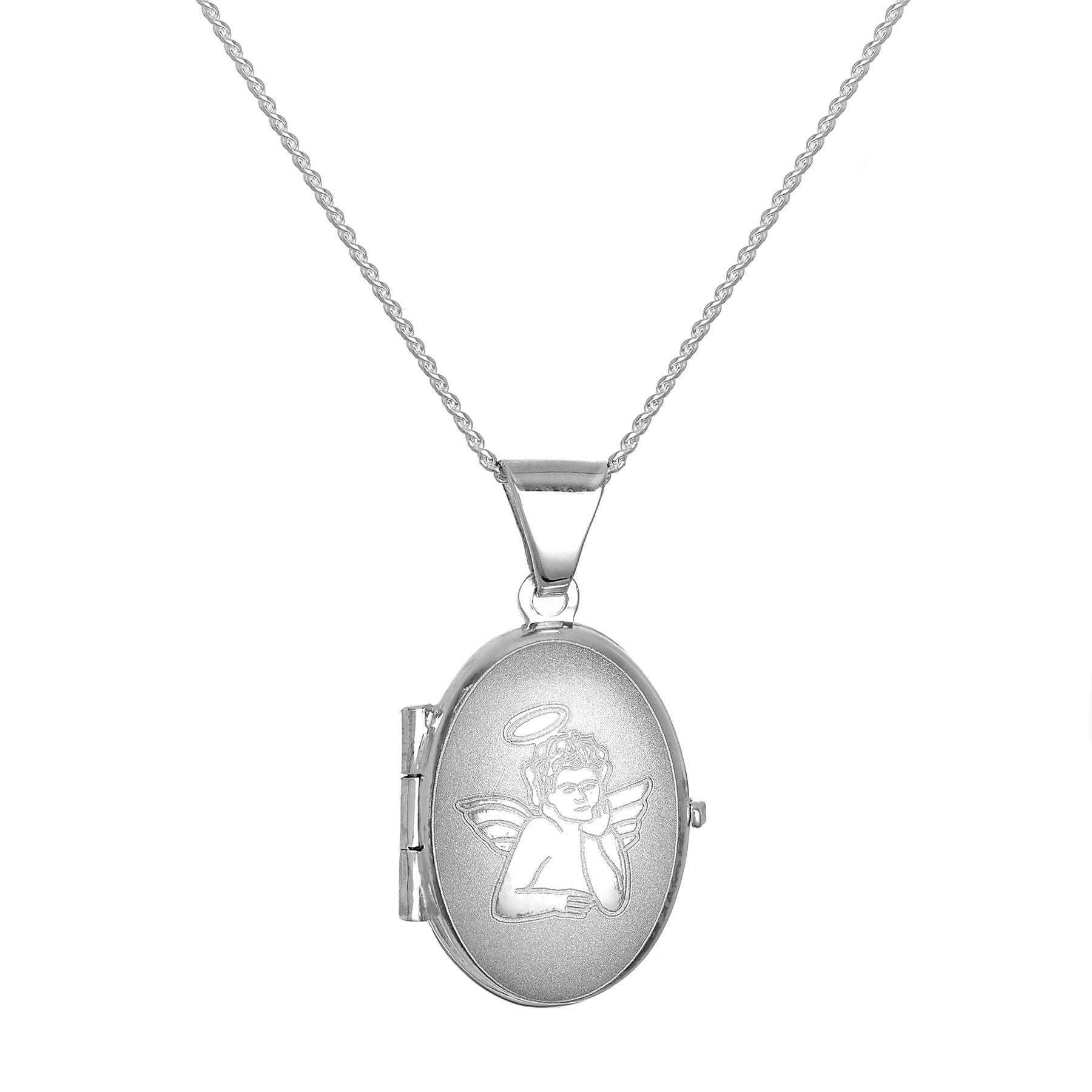 Kleines ovales Medaillon aus mattem Sterlingsilber mit Engel