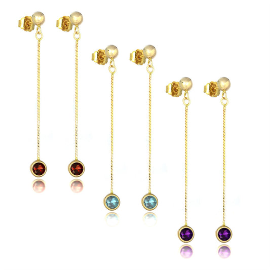 9ct Gold & 4mm Round Gemstone Drop Stud Earrings