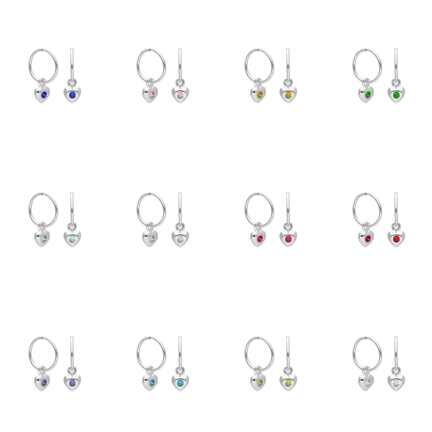 Sterlingsilber CZ Kristall Geburtsstein Herz 10 - 22mm Schläfer Creolen Ohrringe