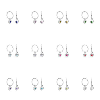 Sterlingsilber CZ Kristall Geburtsstein Herz 10 - 22mm Schläfer Creolen Ohrringe