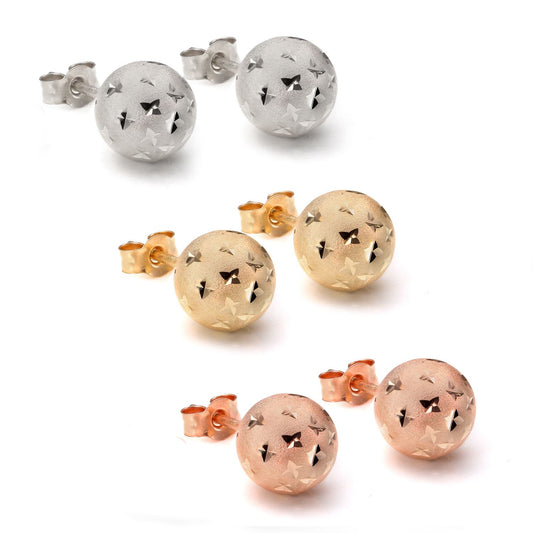 9ct Gold 7mm Diamantgeschliffene Kugel-Ohrstecker - Gelb Weiß Rose