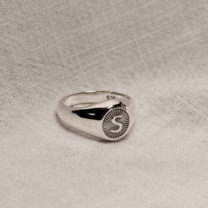 Personalised Sterling Silver Round Starburst Initial Signet Ring Size J - Z+1