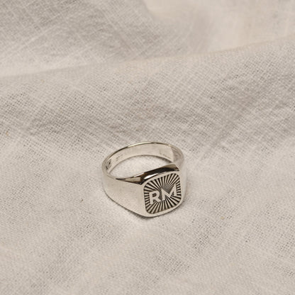 Personalised Sterling Silver Square Starburst Initial Signet Ring Size M - Z+1