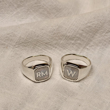 Personalised Sterling Silver Square Starburst Initial Signet Ring Size M - Z+1