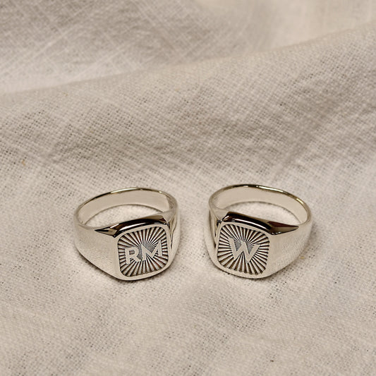 Personalised Sterling Silver Square Starburst Initial Signet Ring Size M - Z+1