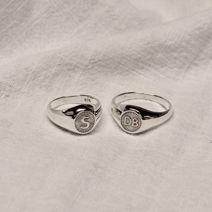 Personalised Sterling Silver Round Starburst Initial Signet Ring Size J - Z+1