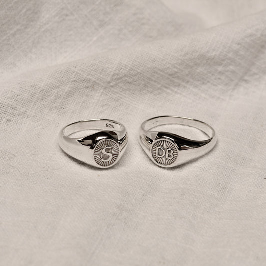 Personalised Sterling Silver Round Starburst Initial Signet Ring Size J - Z+1